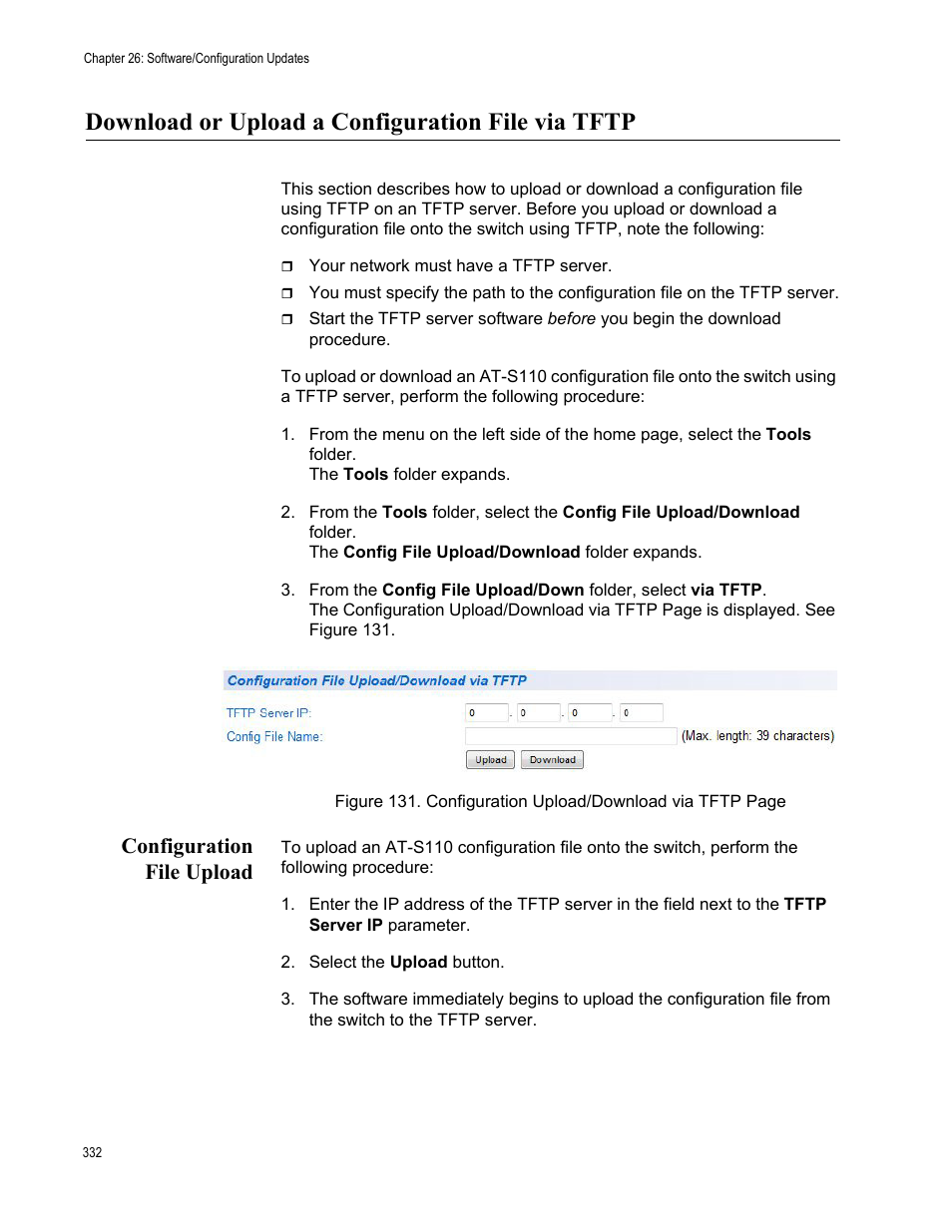 Download or upload a configuration file via tftp, Configuration file upload | Allied Telesis AT-GS950/10PS User Manual | Page 332 / 386