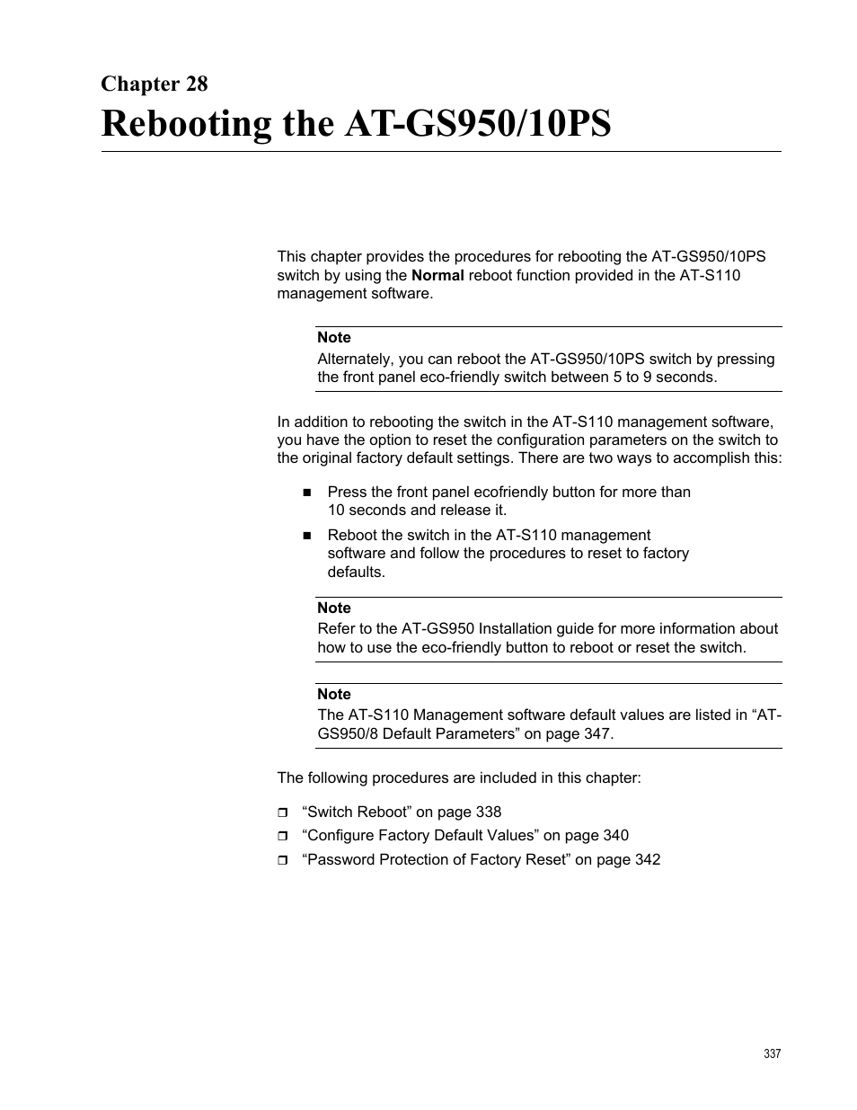 Chapter 28, Rebooting the at-gs950/10ps | Allied Telesis AT-GS950/10PS User Manual | Page 337 / 386