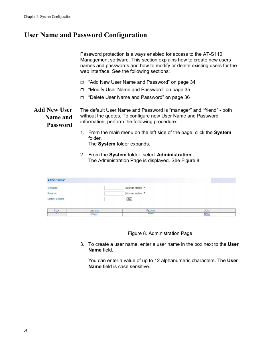 User name and password configuration, Add new user name and password | Allied Telesis AT-GS950/10PS User Manual | Page 34 / 386