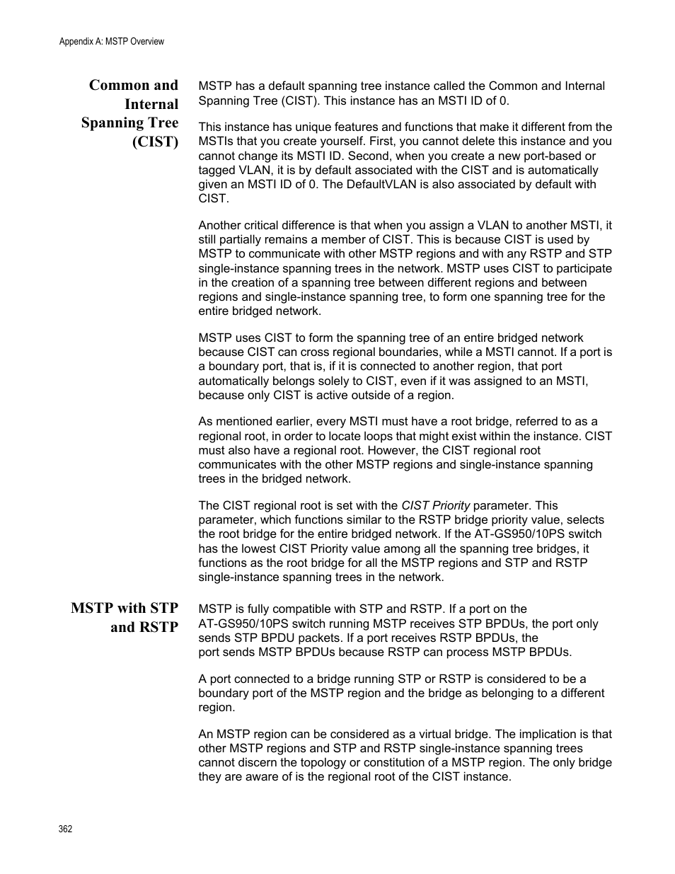 Common and internal spanning tree (cist), Mstp with stp and rstp | Allied Telesis AT-GS950/10PS User Manual | Page 362 / 386