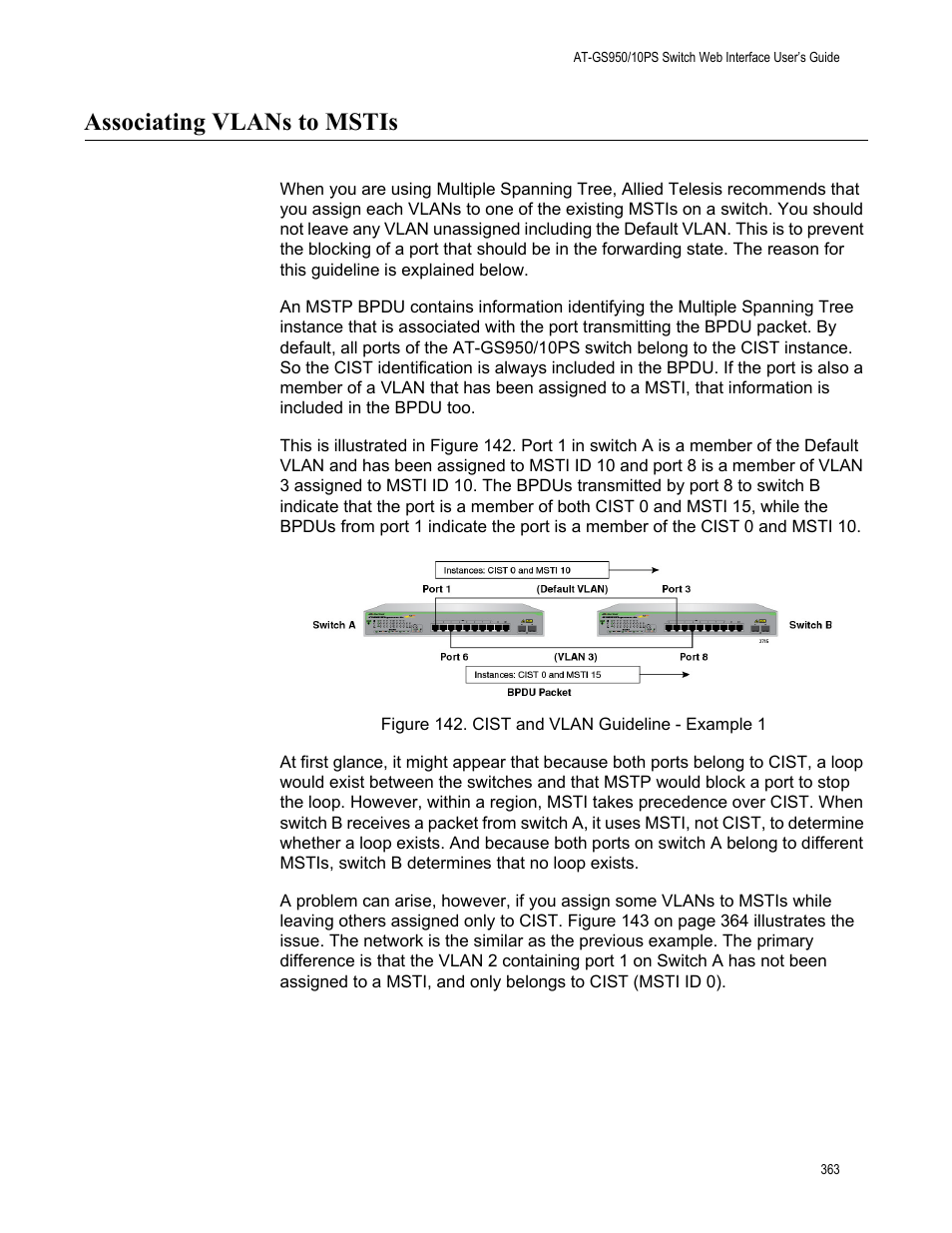 Associating vlans to mstis, Figure 142. cist and vlan guideline - example 1 | Allied Telesis AT-GS950/10PS User Manual | Page 363 / 386