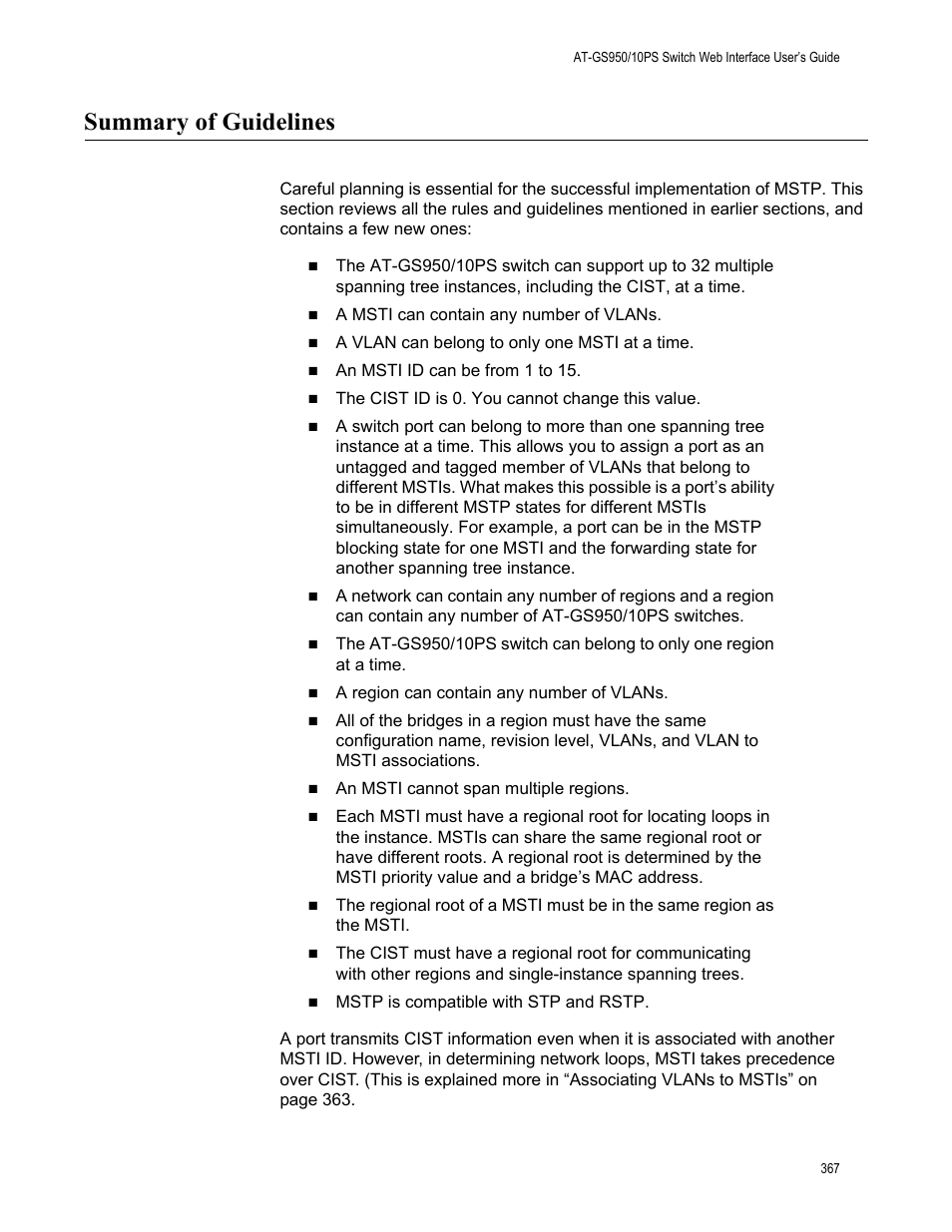 Summary of guidelines | Allied Telesis AT-GS950/10PS User Manual | Page 367 / 386