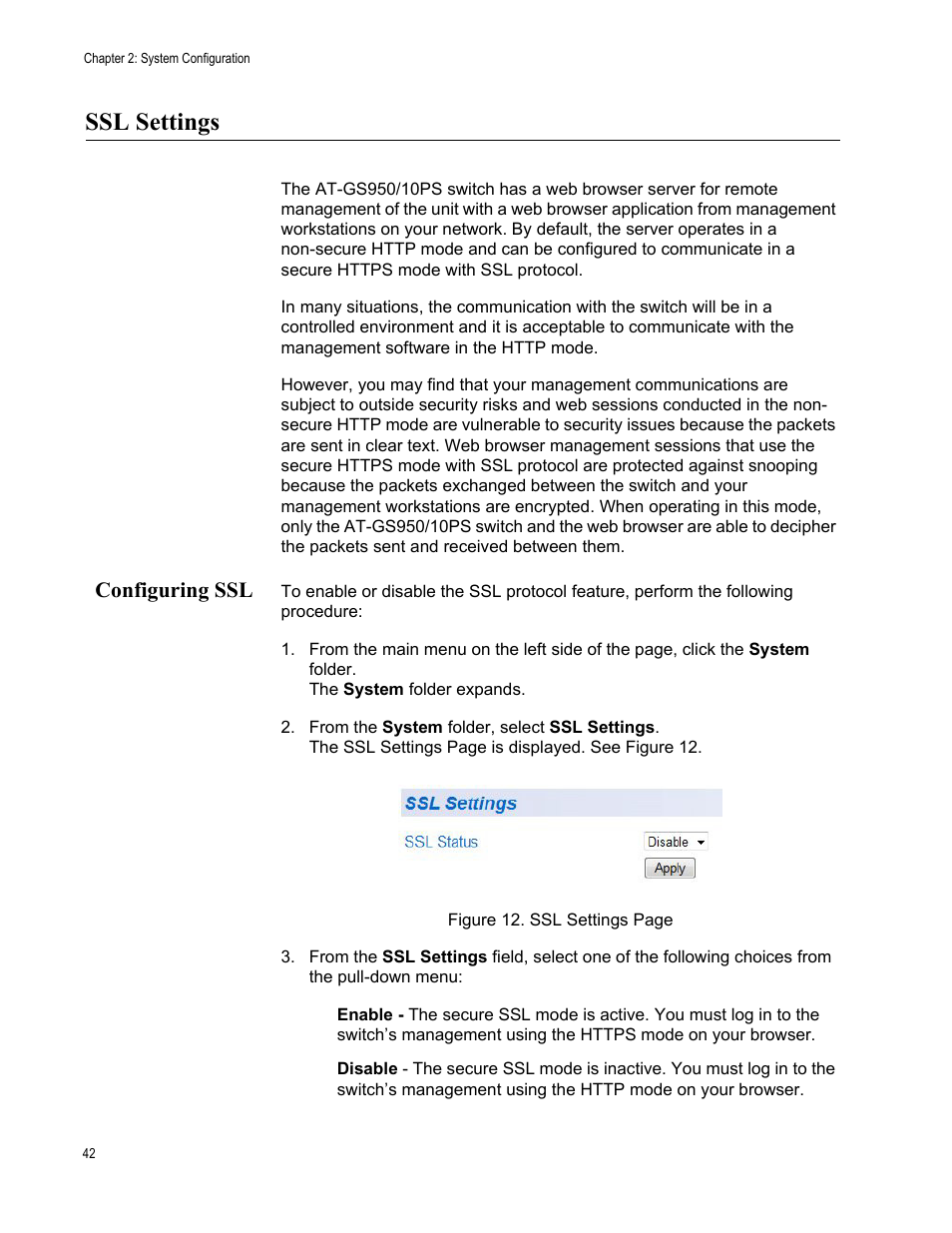 Ssl settings, Configuring ssl | Allied Telesis AT-GS950/10PS User Manual | Page 42 / 386