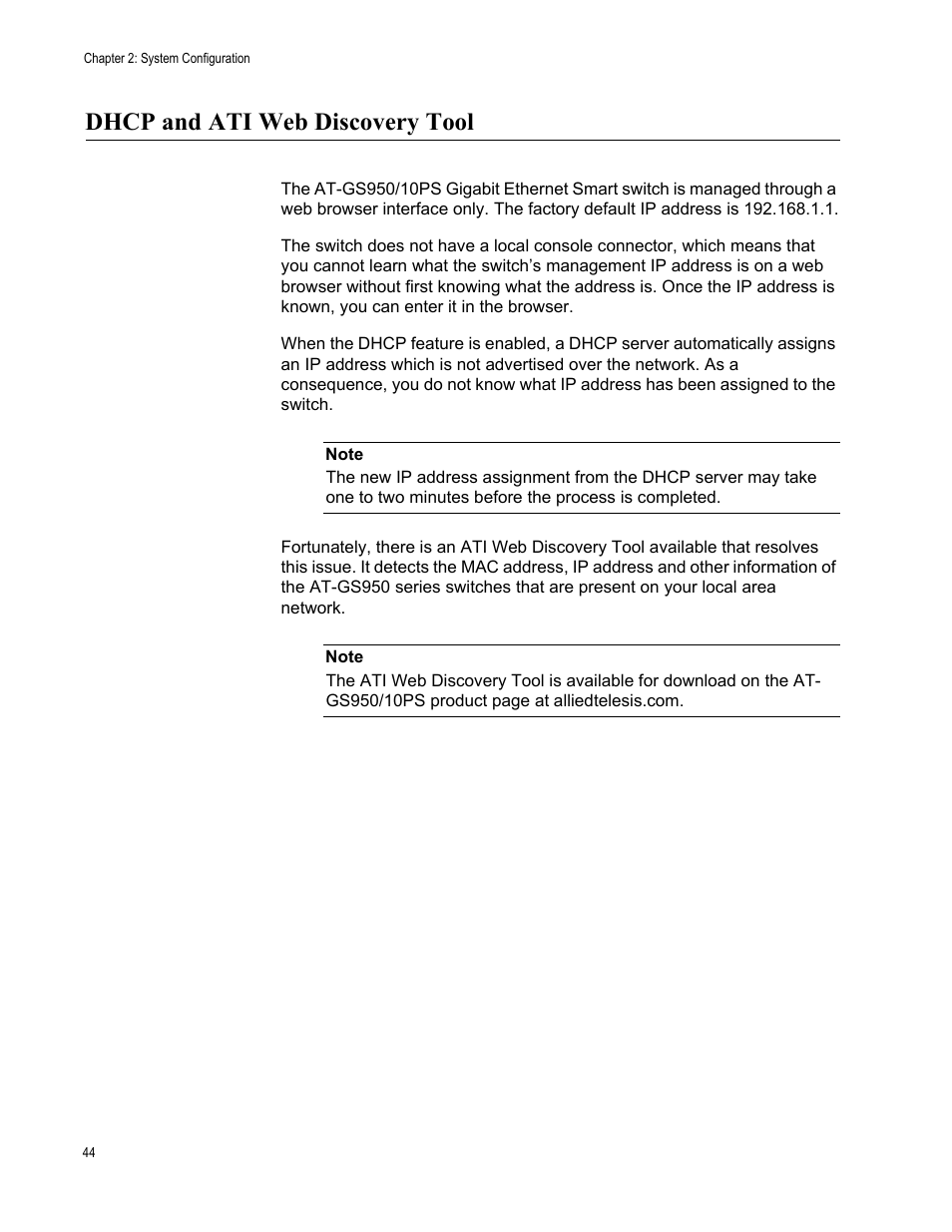 Dhcp and ati web discovery tool | Allied Telesis AT-GS950/10PS User Manual | Page 44 / 386