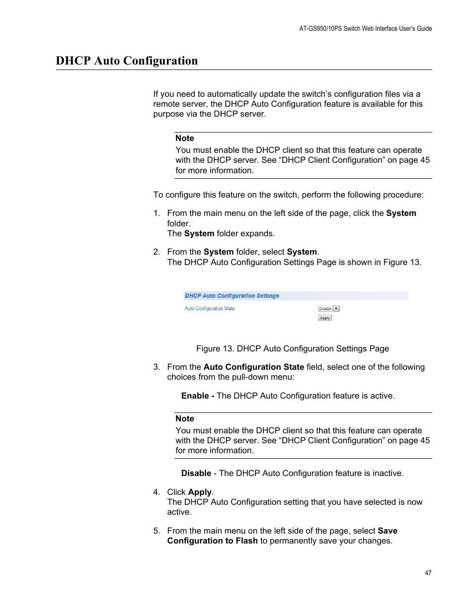 Dhcp auto configuration | Allied Telesis AT-GS950/10PS User Manual | Page 47 / 386