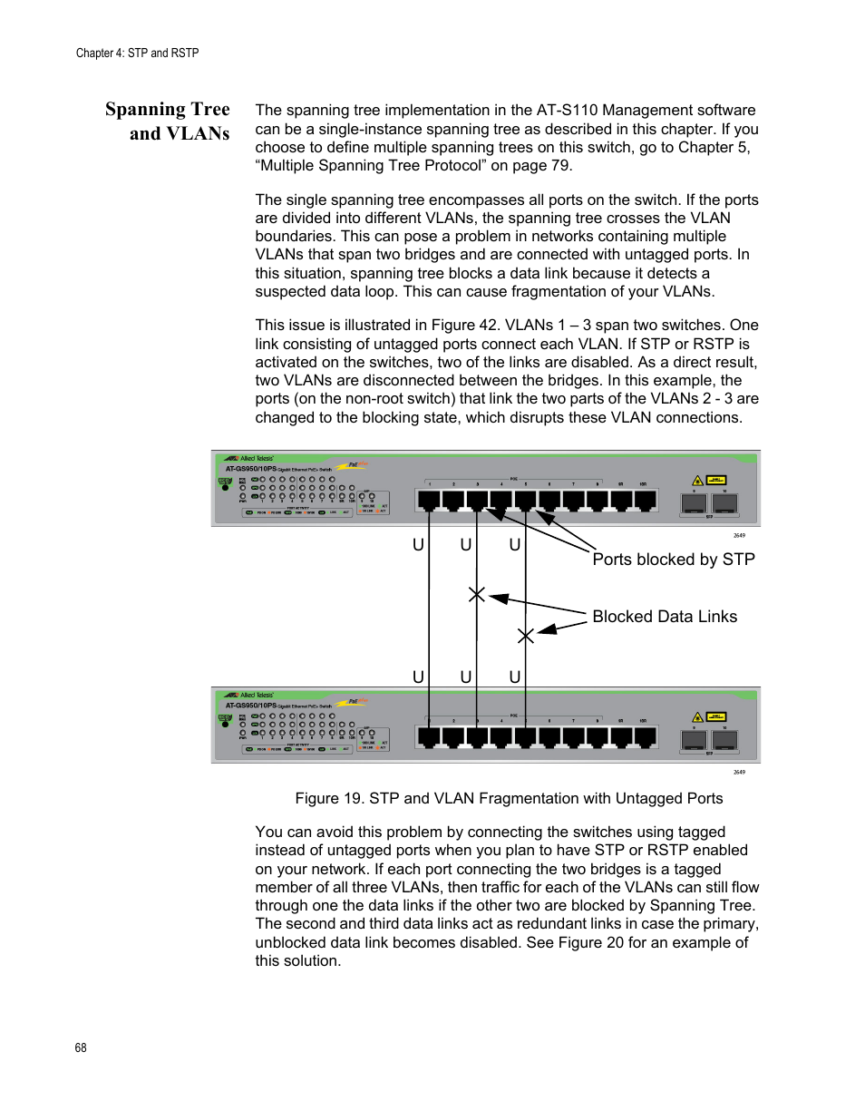 Spanning tree and vlans | Allied Telesis AT-GS950/10PS User Manual | Page 68 / 386