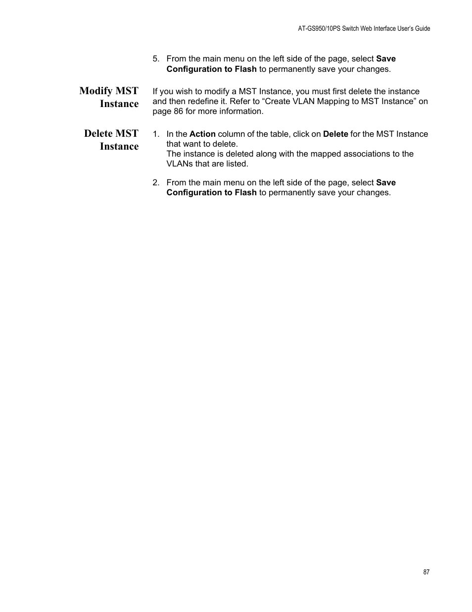 Modify mst instance, Delete mst instance, Modify mst instance delete mst instance | Allied Telesis AT-GS950/10PS User Manual | Page 87 / 386