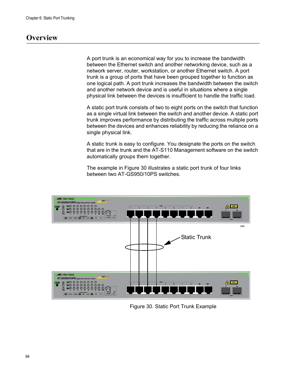 Overview, Figure 30. static port trunk example | Allied Telesis AT-GS950/10PS User Manual | Page 94 / 386