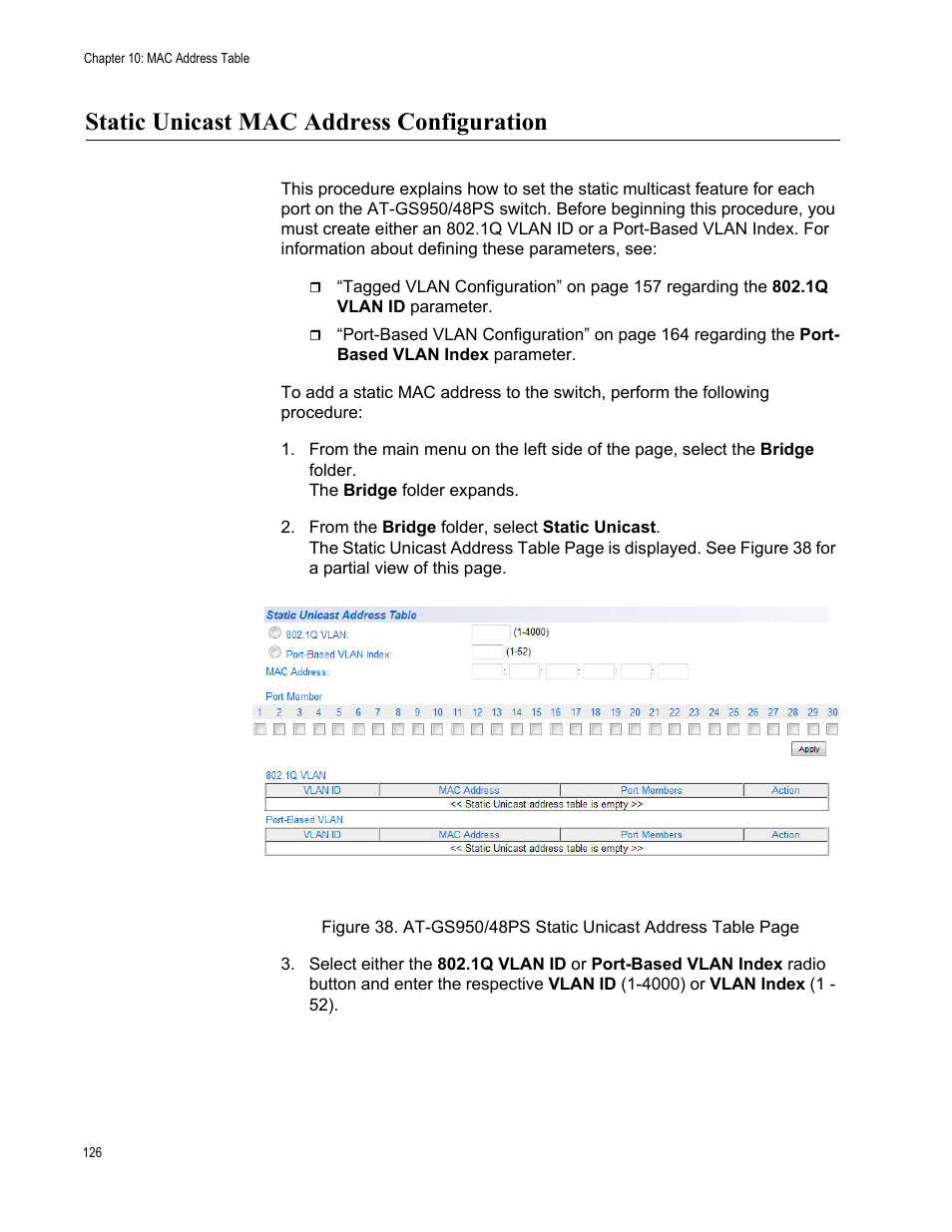 Static unicast mac address configuration | Allied Telesis AT-GS950/48PS User Manual | Page 126 / 386