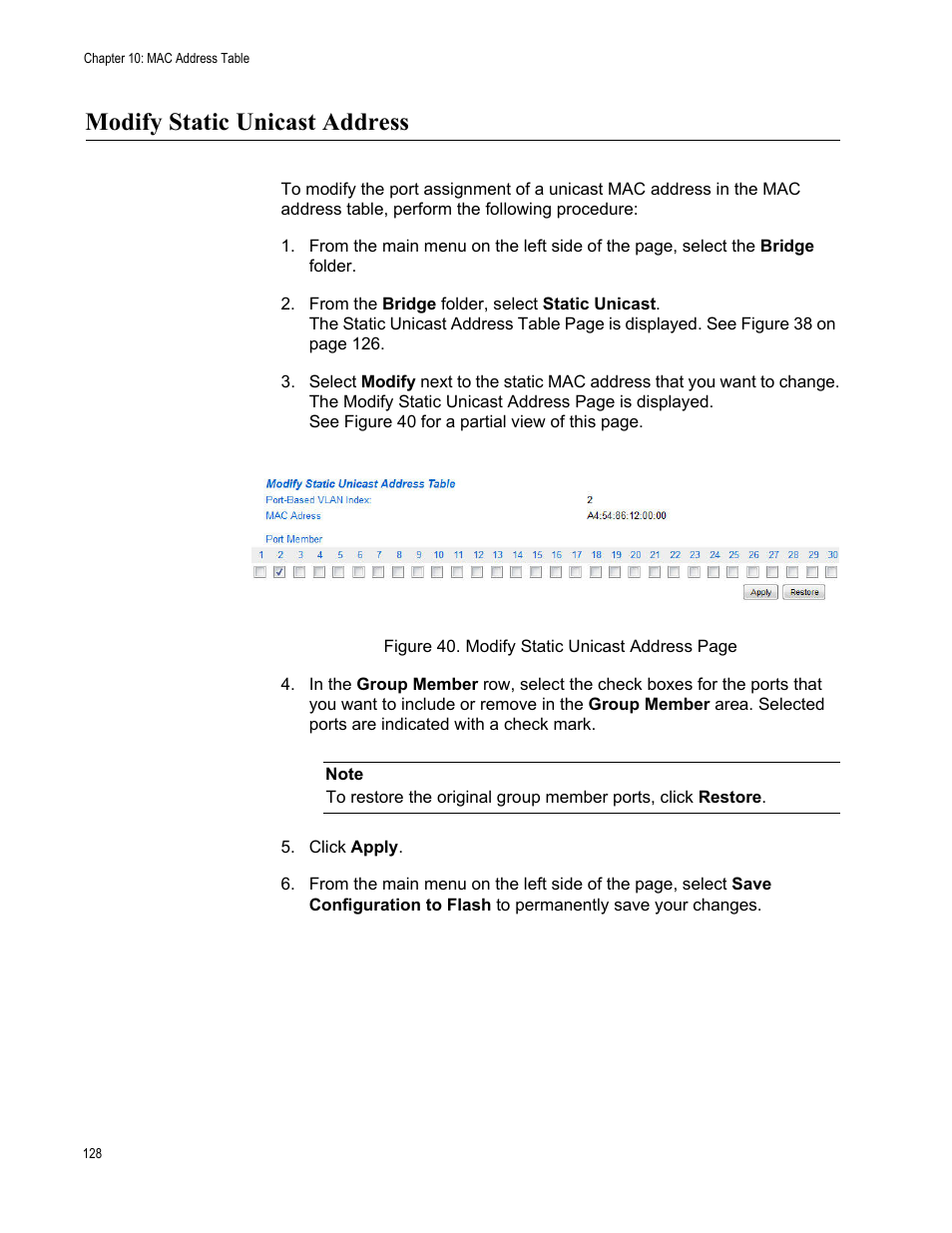 Modify static unicast address | Allied Telesis AT-GS950/48PS User Manual | Page 128 / 386