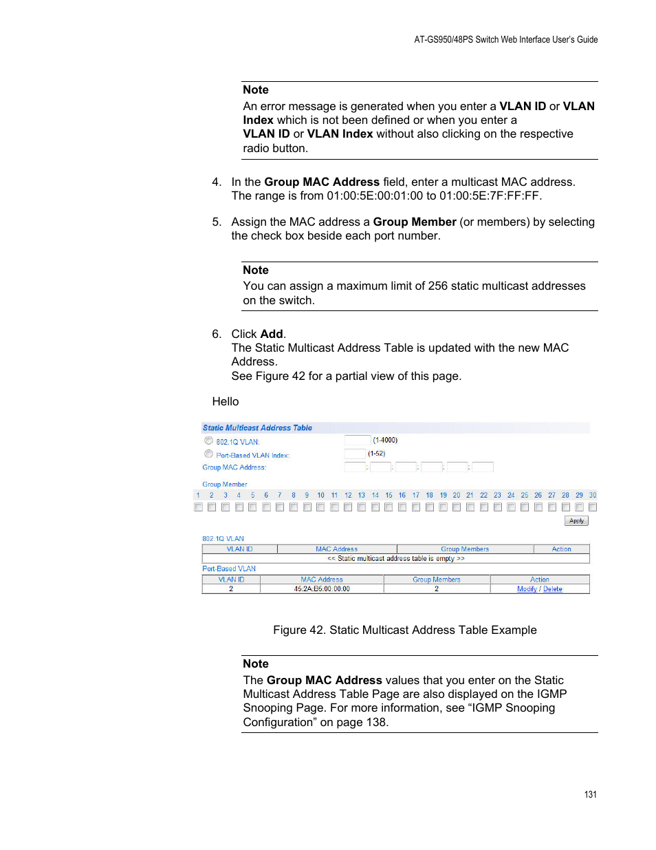 Figure 42. static multicast address table example | Allied Telesis AT-GS950/48PS User Manual | Page 131 / 386