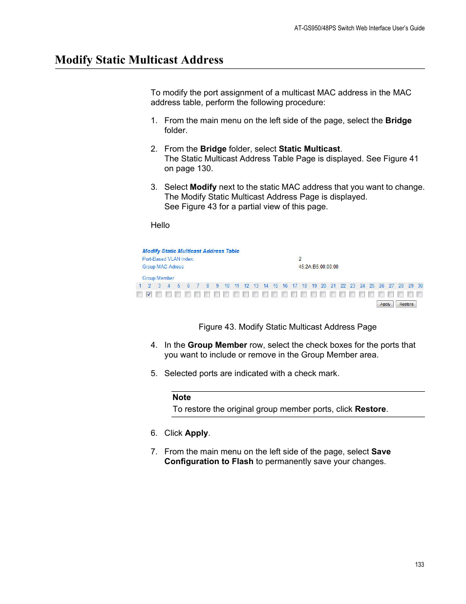 Modify static multicast address | Allied Telesis AT-GS950/48PS User Manual | Page 133 / 386