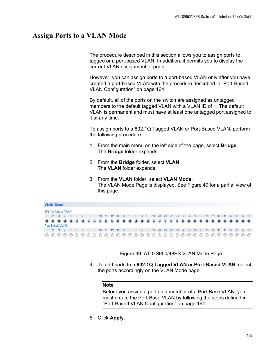 Assign ports to a vlan mode | Allied Telesis AT-GS950/48PS User Manual | Page 155 / 386