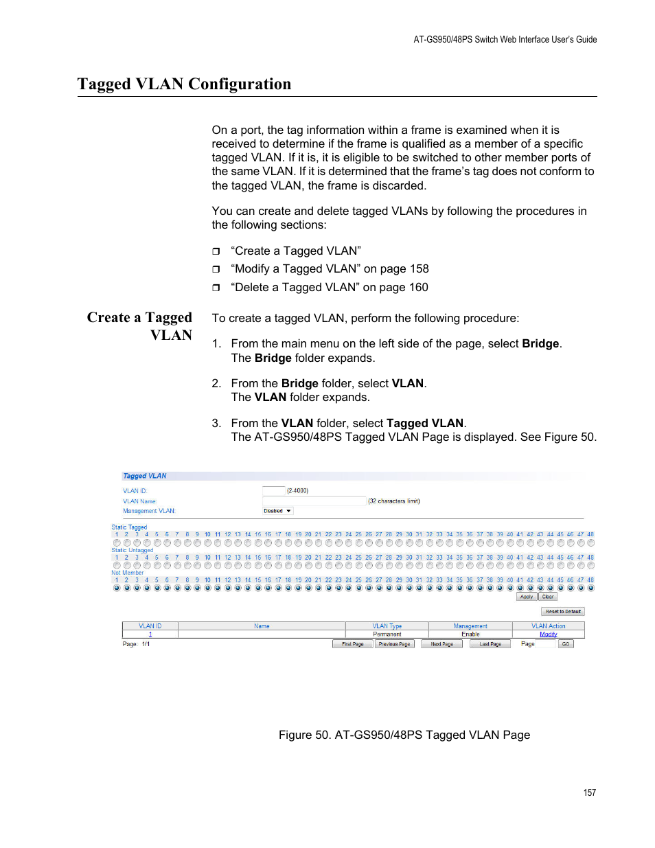 Tagged vlan configuration, Create a tagged vlan | Allied Telesis AT-GS950/48PS User Manual | Page 157 / 386