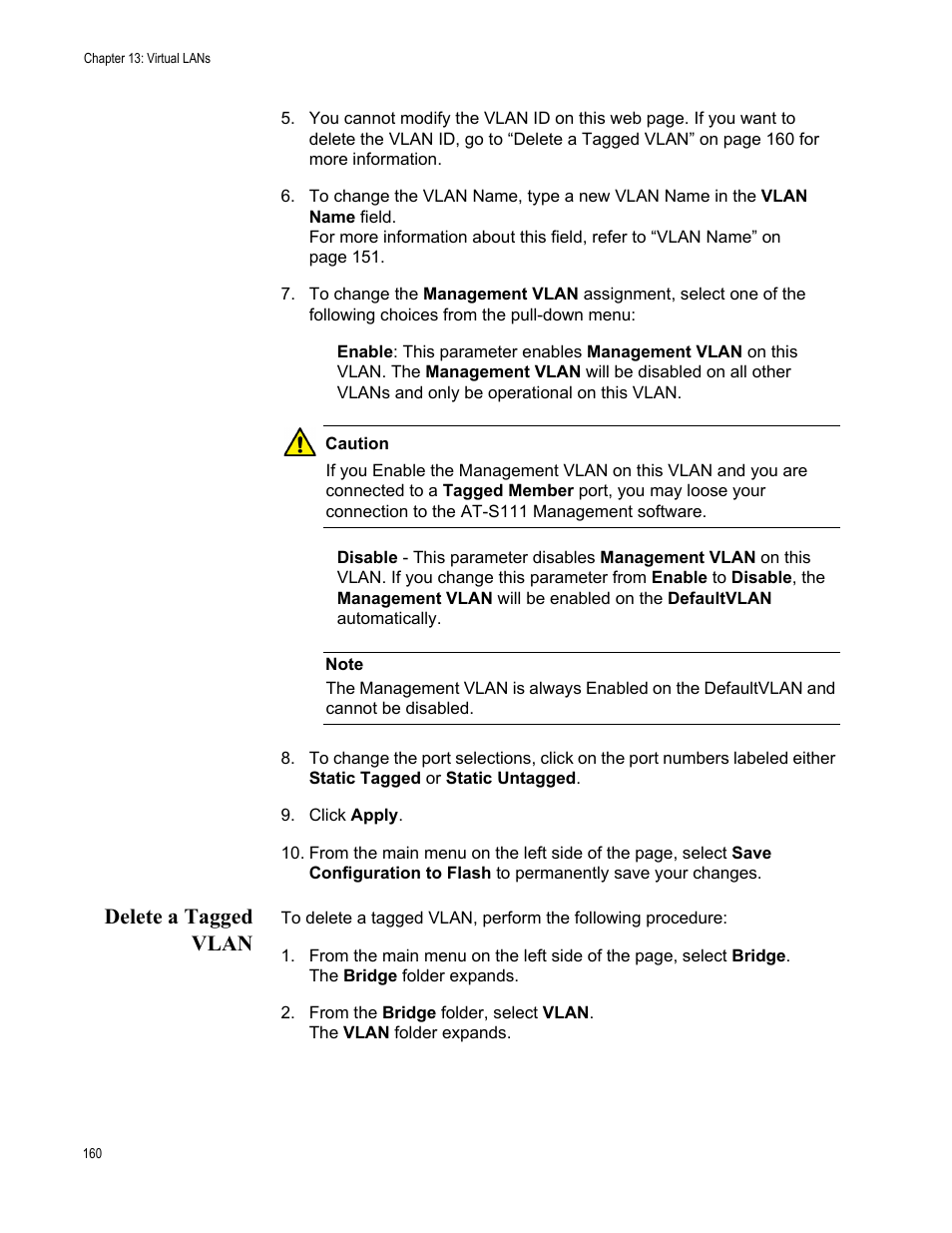 Delete a tagged vlan | Allied Telesis AT-GS950/48PS User Manual | Page 160 / 386