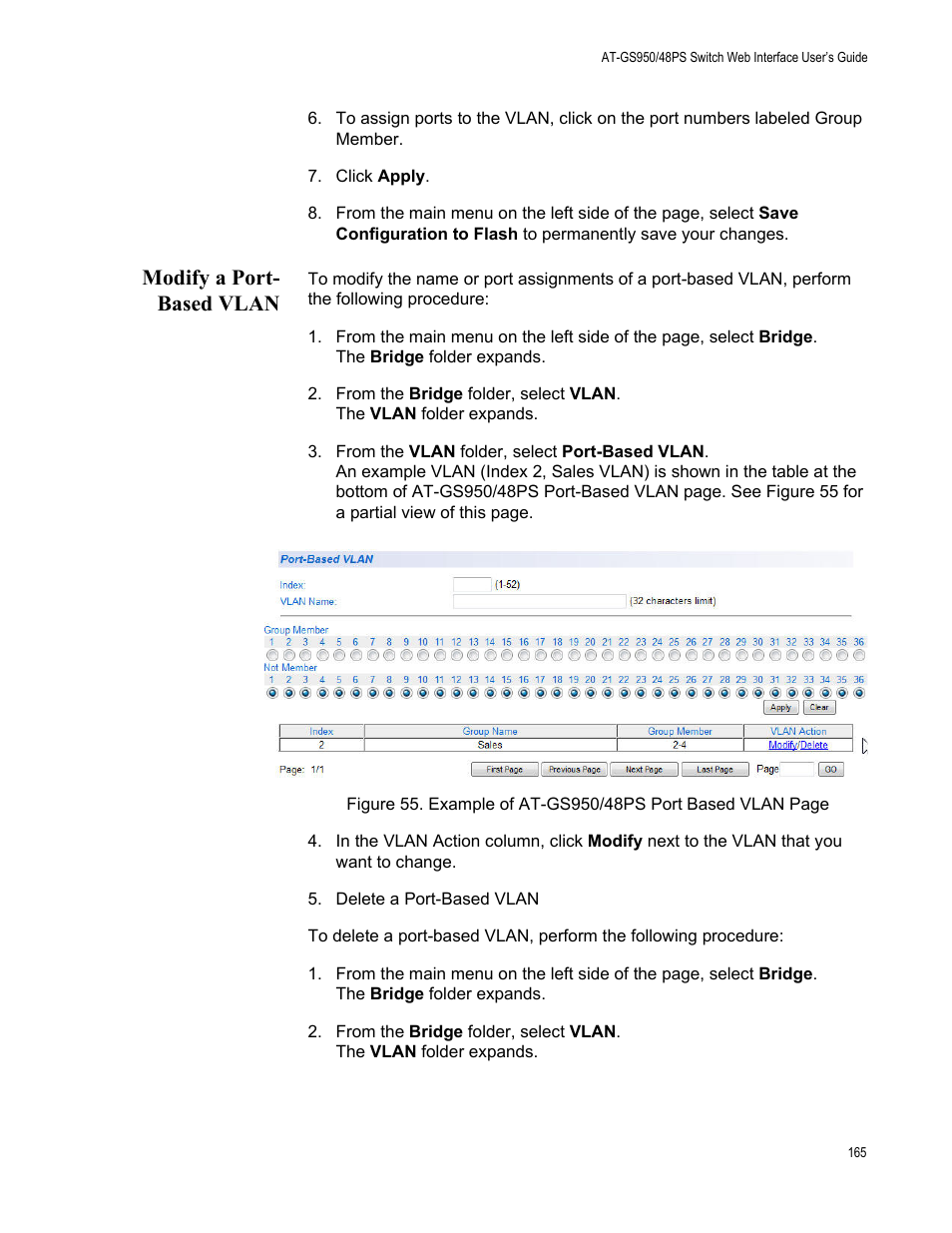 Modify a port- based vlan, Modify a port-based vlan | Allied Telesis AT-GS950/48PS User Manual | Page 165 / 386