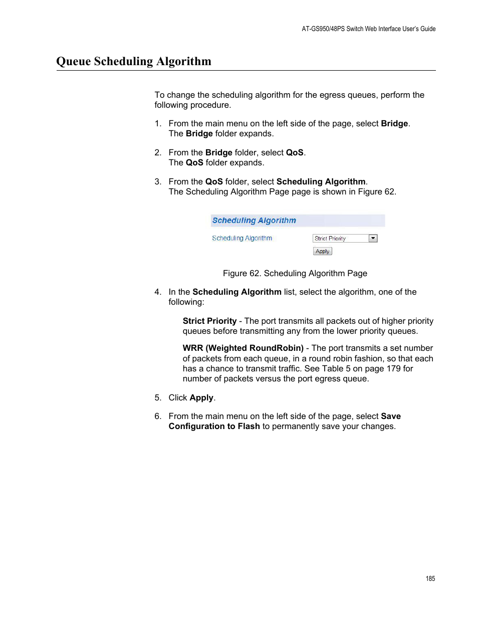 Queue scheduling algorithm | Allied Telesis AT-GS950/48PS User Manual | Page 185 / 386