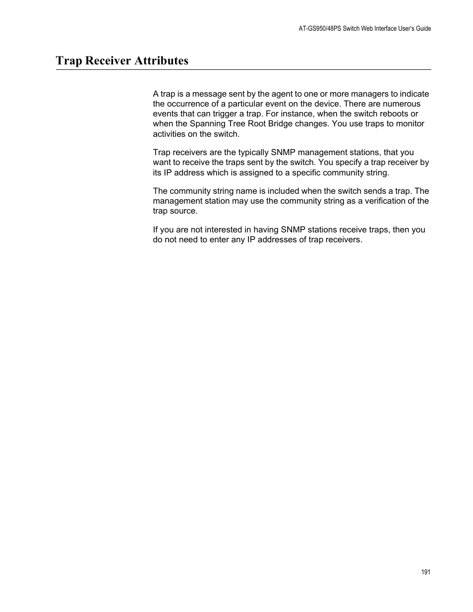 Trap receiver attributes, Trap, Receiver attributes | Allied Telesis AT-GS950/48PS User Manual | Page 191 / 386