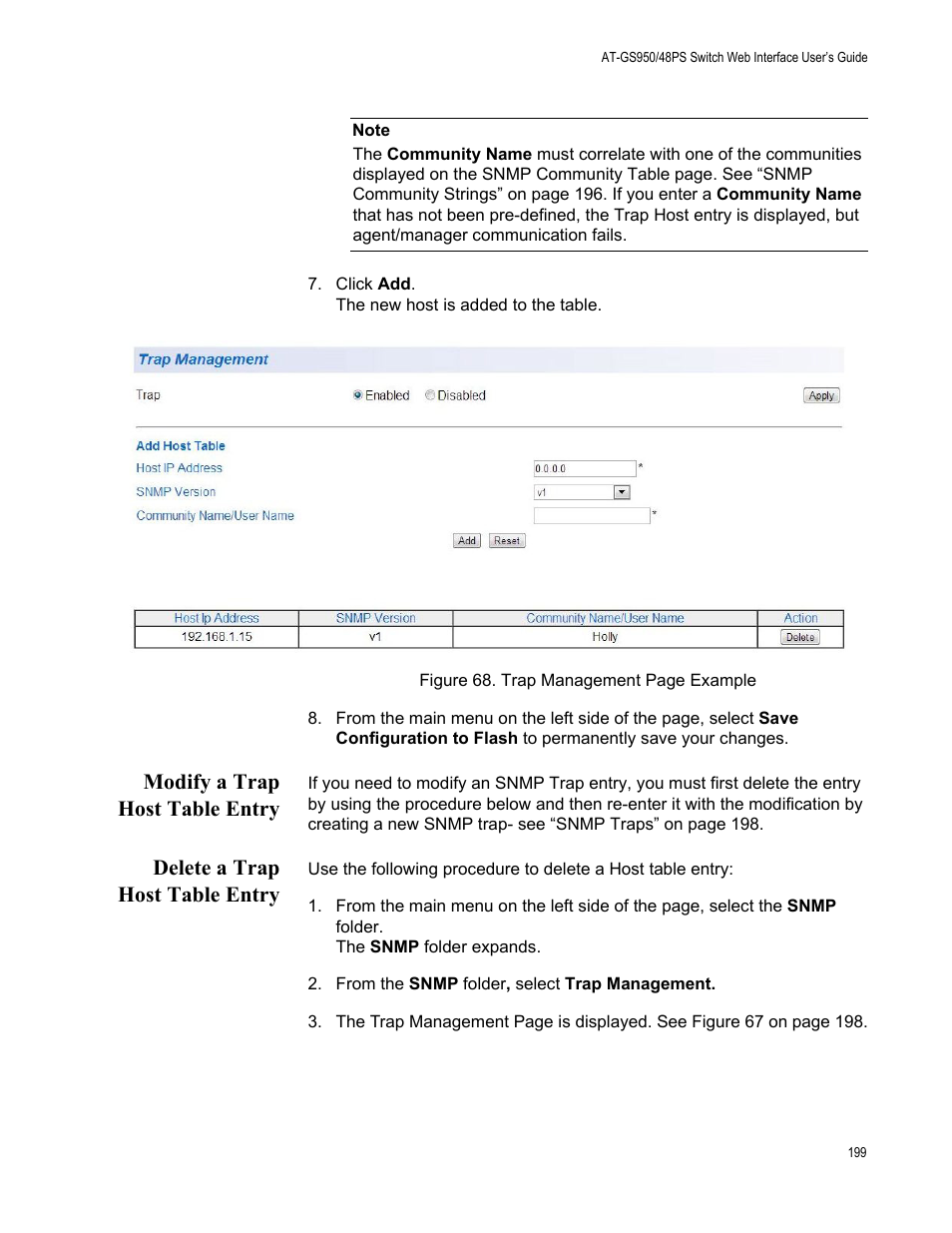 Modify a trap host table entry, Delete a trap host table entry | Allied Telesis AT-GS950/48PS User Manual | Page 199 / 386