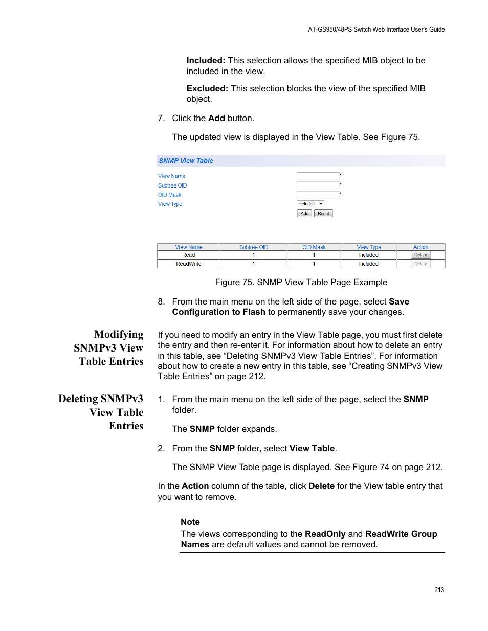 Modifying snmpv3 view table entries, Deleting snmpv3 view table entries | Allied Telesis AT-GS950/48PS User Manual | Page 213 / 386
