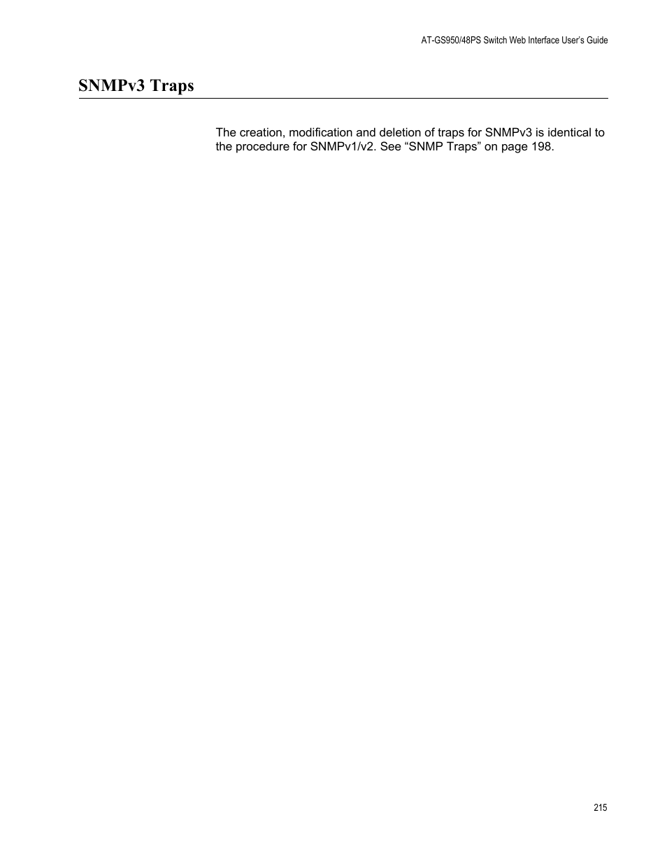 Snmpv3 traps | Allied Telesis AT-GS950/48PS User Manual | Page 215 / 386