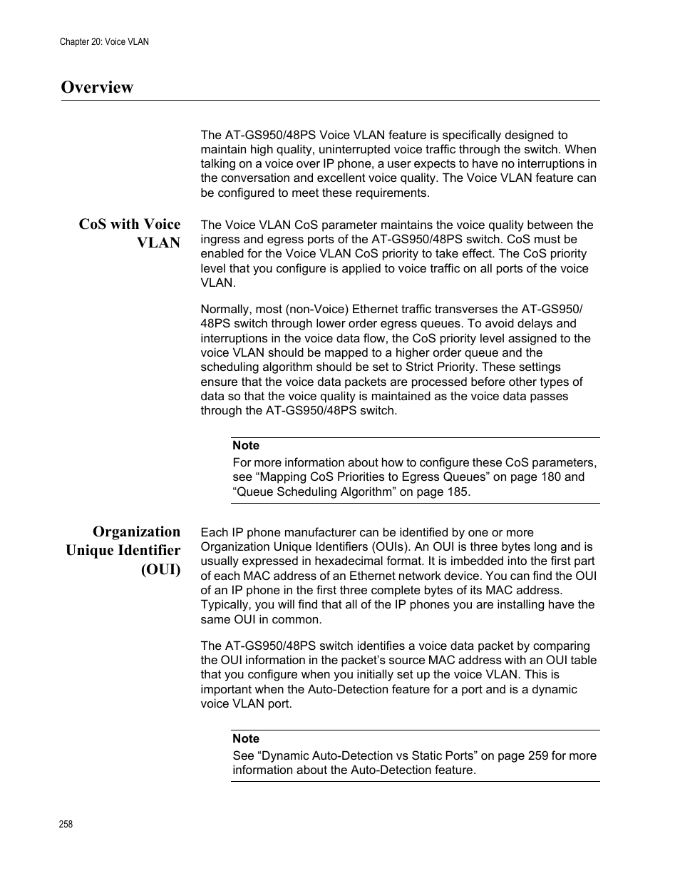 Overview, Cos with voice vlan, Organization unique identifier (oui) | Allied Telesis AT-GS950/48PS User Manual | Page 258 / 386