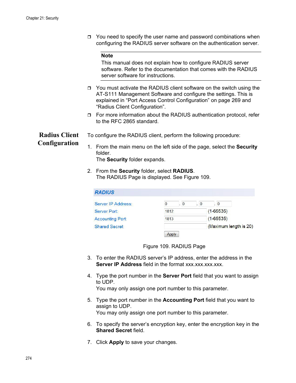 Radius client configuration | Allied Telesis AT-GS950/48PS User Manual | Page 274 / 386