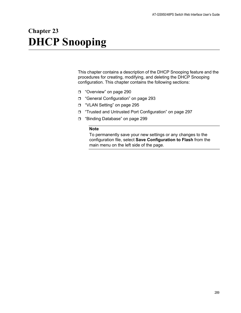 Chapter 23, Dhcp snooping, Chapte | Allied Telesis AT-GS950/48PS User Manual | Page 289 / 386