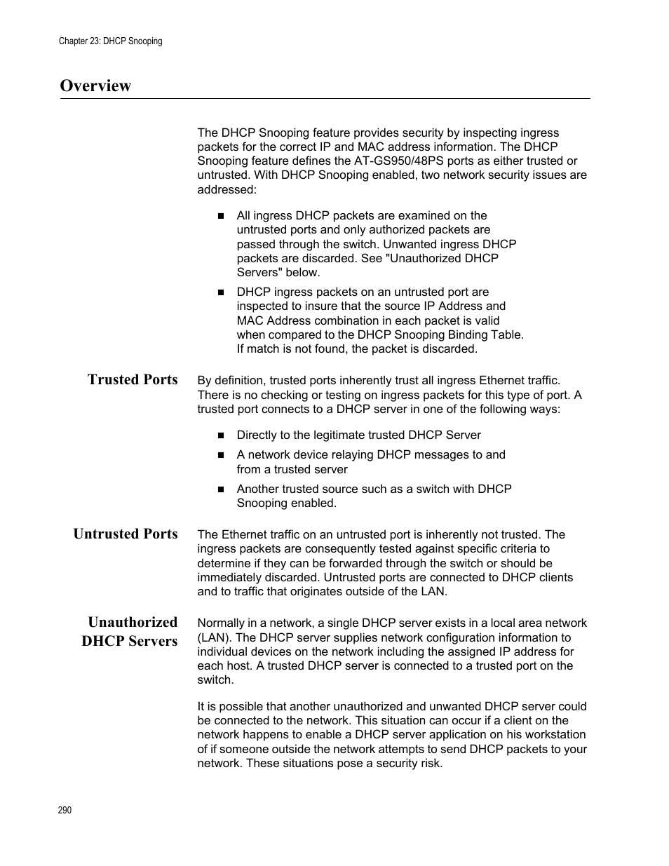 Overview, Trusted ports, Untrusted ports | Unauthorized dhcp servers | Allied Telesis AT-GS950/48PS User Manual | Page 290 / 386