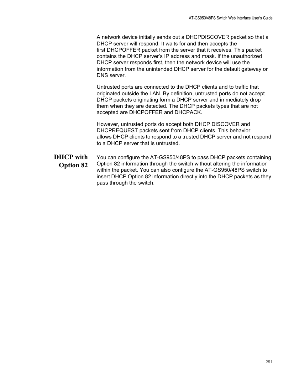 Dhcp with option 82 | Allied Telesis AT-GS950/48PS User Manual | Page 291 / 386