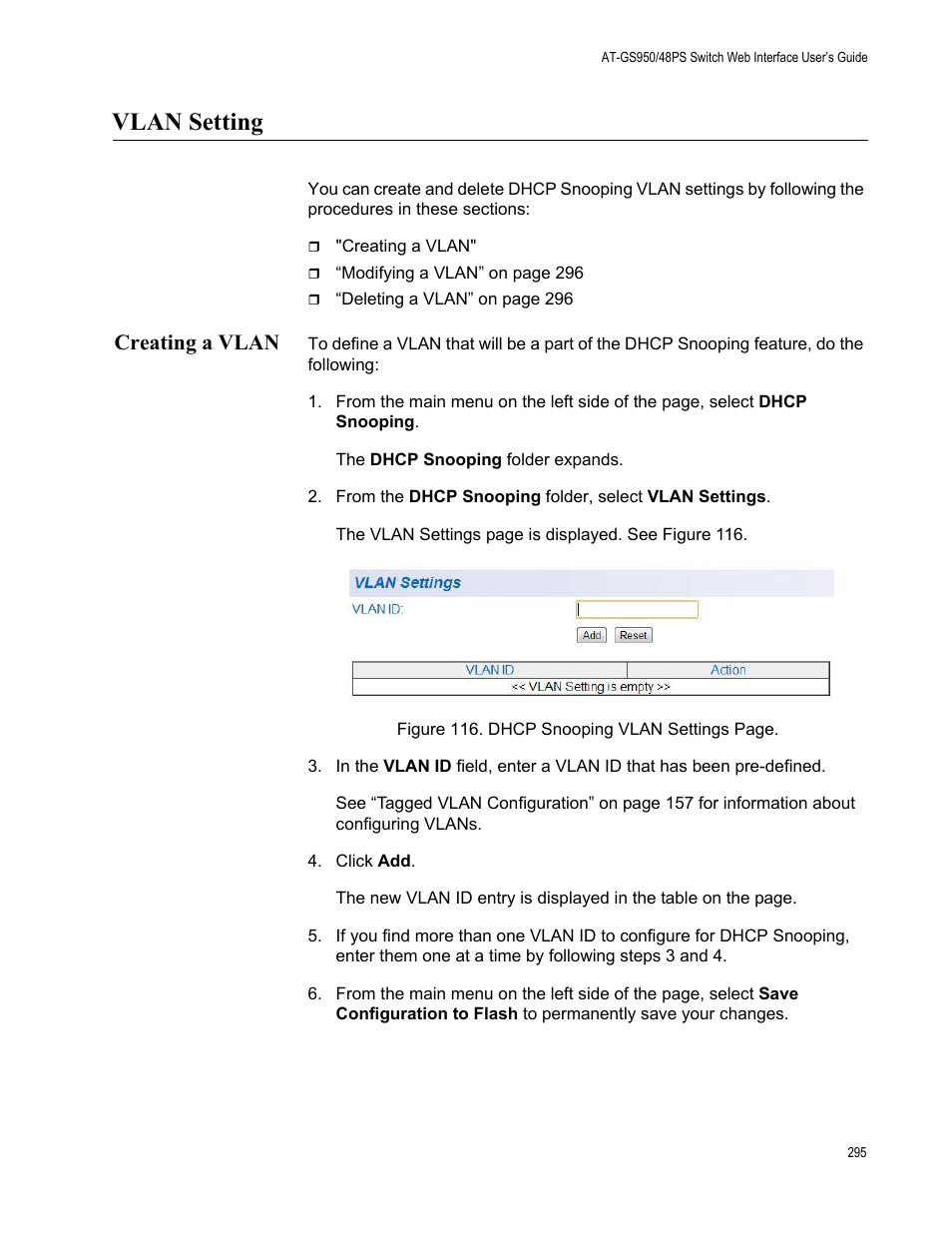 Vlan setting, Creating a vlan | Allied Telesis AT-GS950/48PS User Manual | Page 295 / 386