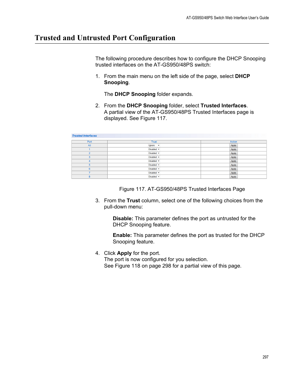 Trusted and untrusted port configuration | Allied Telesis AT-GS950/48PS User Manual | Page 297 / 386