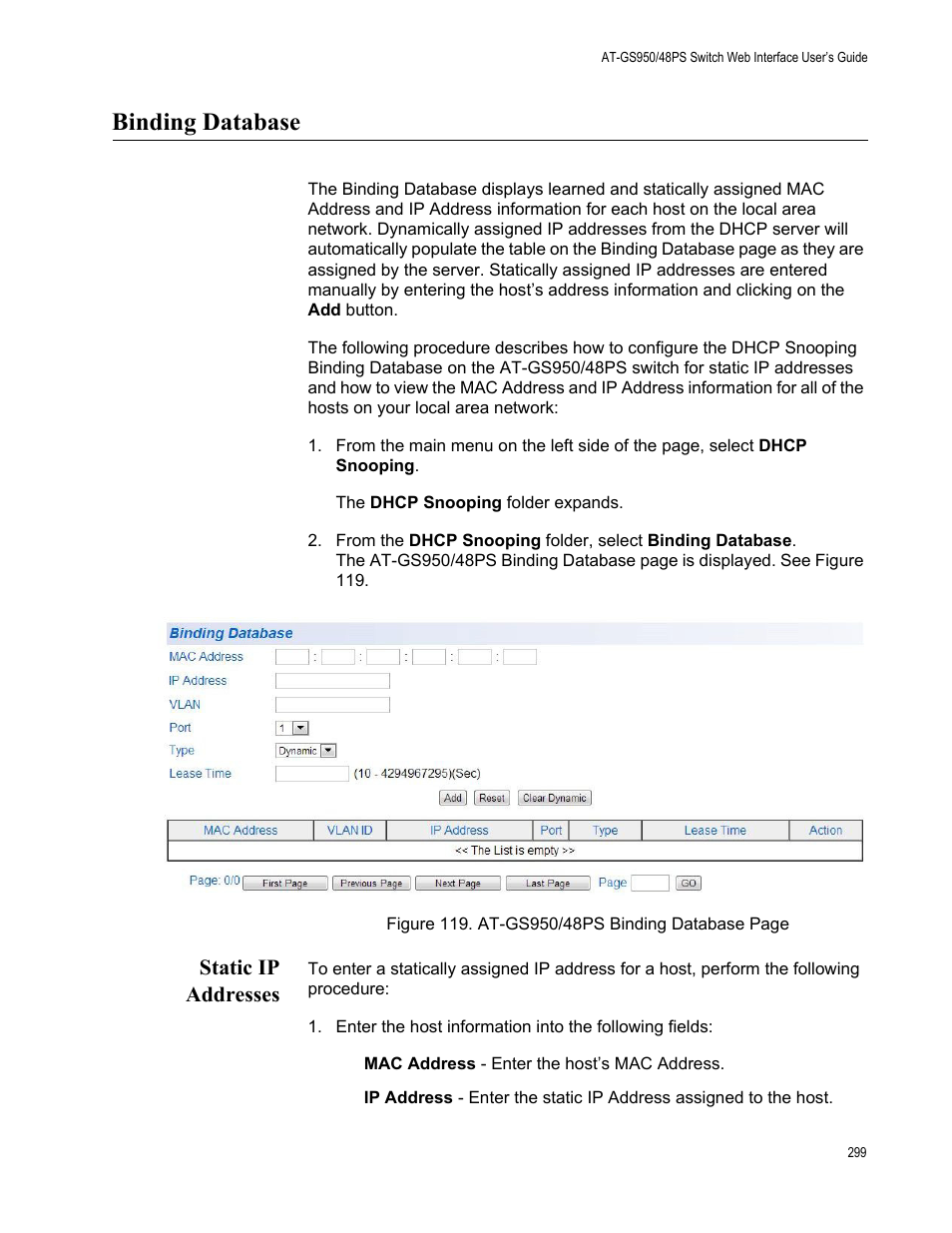 Binding database, Static ip addresses | Allied Telesis AT-GS950/48PS User Manual | Page 299 / 386