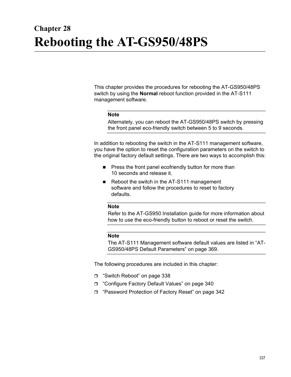 Chapter 28, Rebooting the at-gs950/48ps | Allied Telesis AT-GS950/48PS User Manual | Page 337 / 386