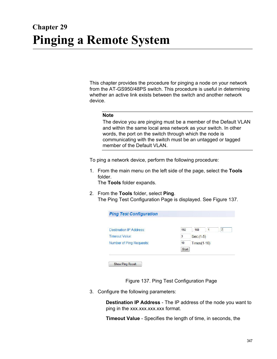 Chapter 29, Pinging a remote system | Allied Telesis AT-GS950/48PS User Manual | Page 347 / 386