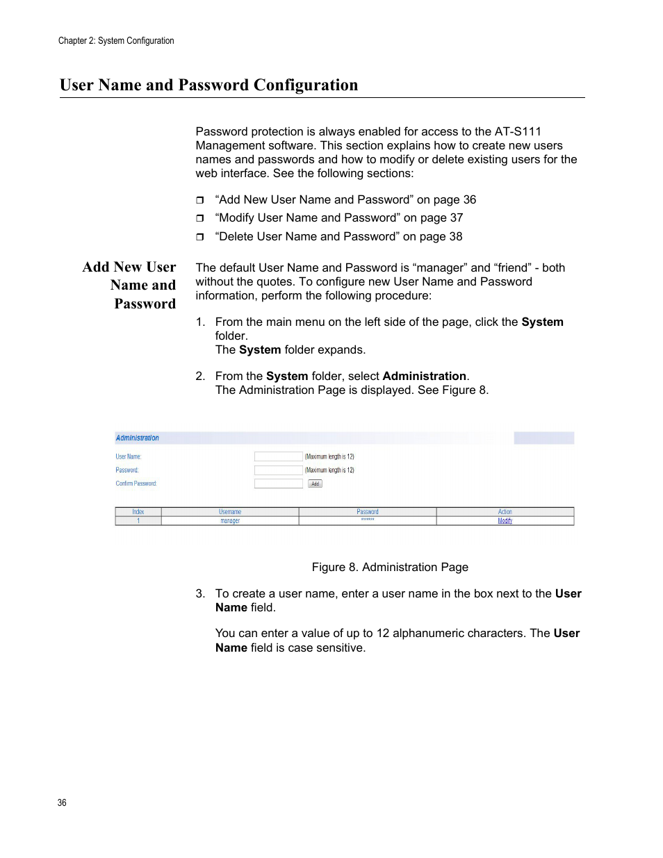 User name and password configuration, Add new user name and password | Allied Telesis AT-GS950/48PS User Manual | Page 36 / 386