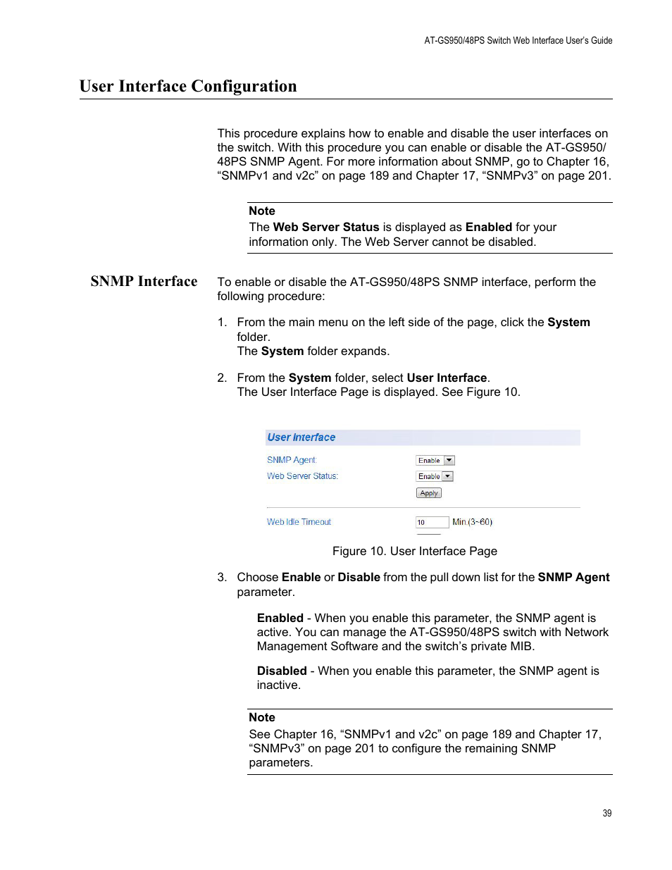 User interface configuration, Snmp interface | Allied Telesis AT-GS950/48PS User Manual | Page 39 / 386