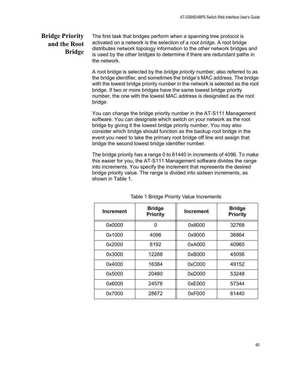Bridge priority and the root bridge, Table 1. bridge priority value increments | Allied Telesis AT-GS950/48PS User Manual | Page 65 / 386