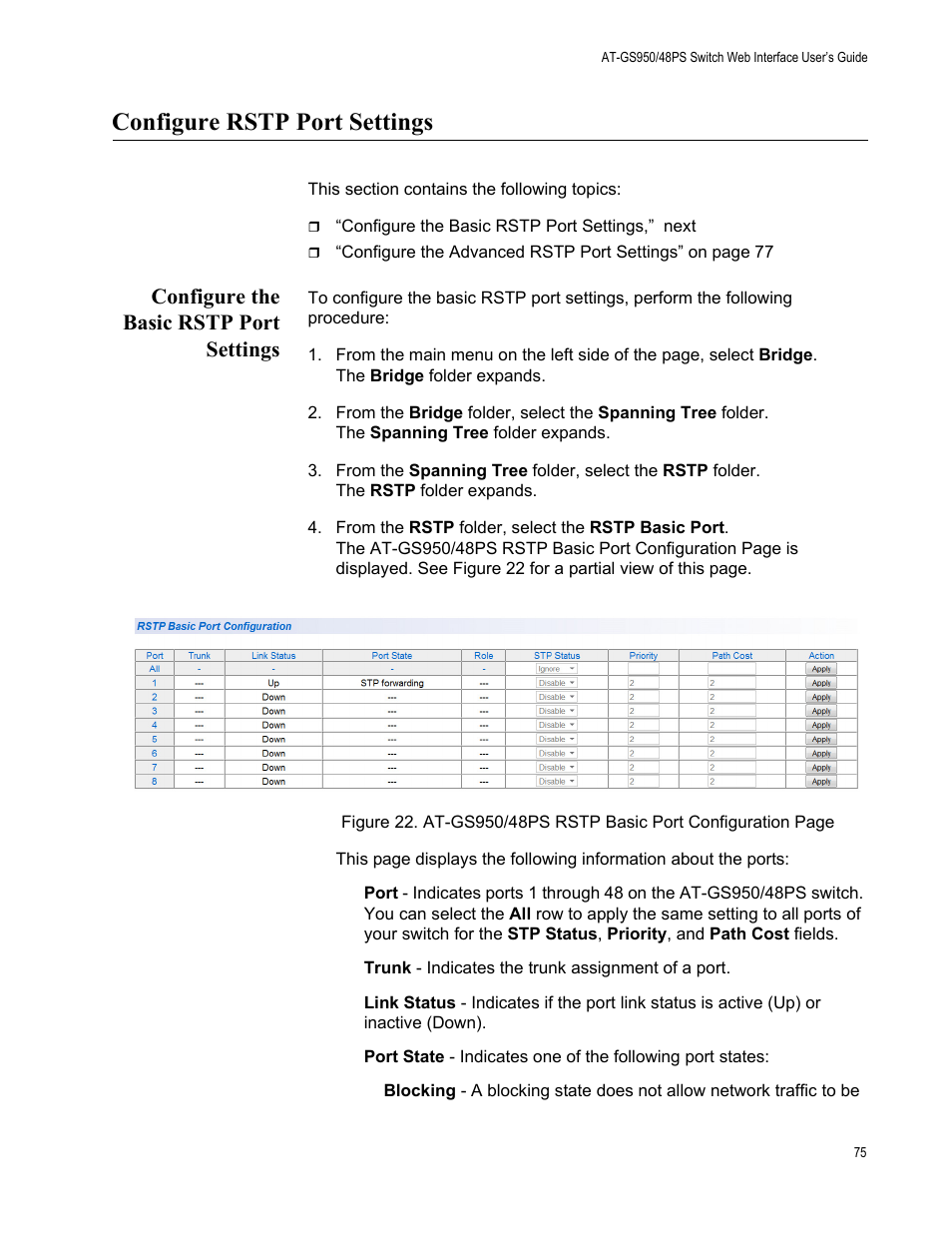 Configure rstp port settings, Configure the basic rstp port settings | Allied Telesis AT-GS950/48PS User Manual | Page 75 / 386