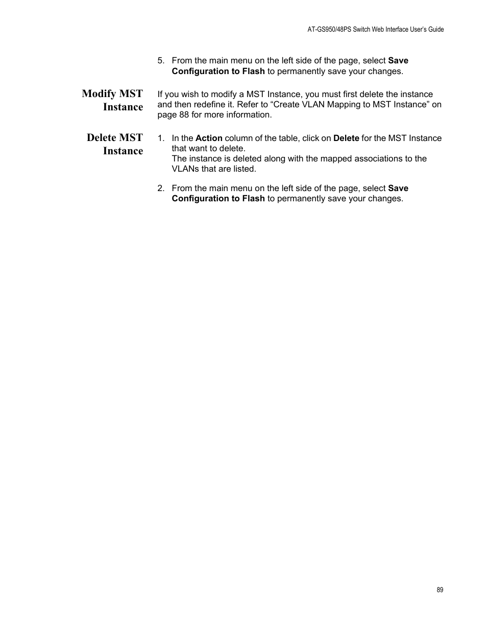 Modify mst instance, Delete mst instance, Modify mst instance delete mst instance | Allied Telesis AT-GS950/48PS User Manual | Page 89 / 386