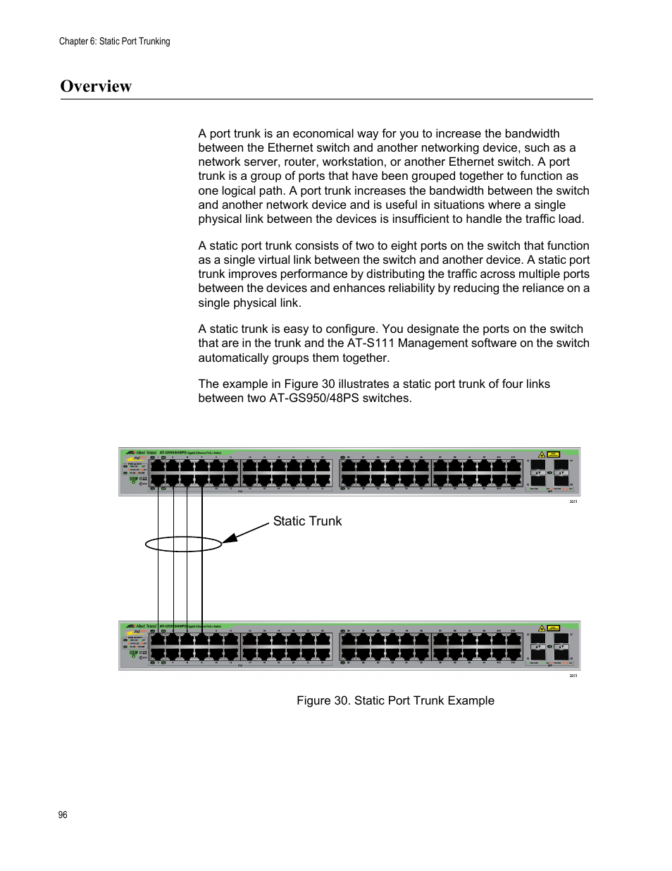 Overview, Figure 30. static port trunk example | Allied Telesis AT-GS950/48PS User Manual | Page 96 / 386