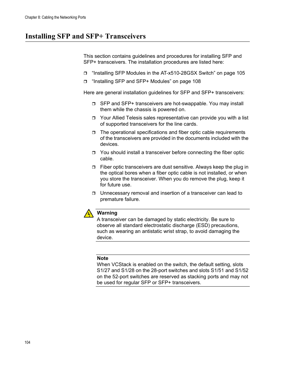 Installing sfp and sfp+ transceivers | Allied Telesis x510 Series User Manual | Page 104 / 122