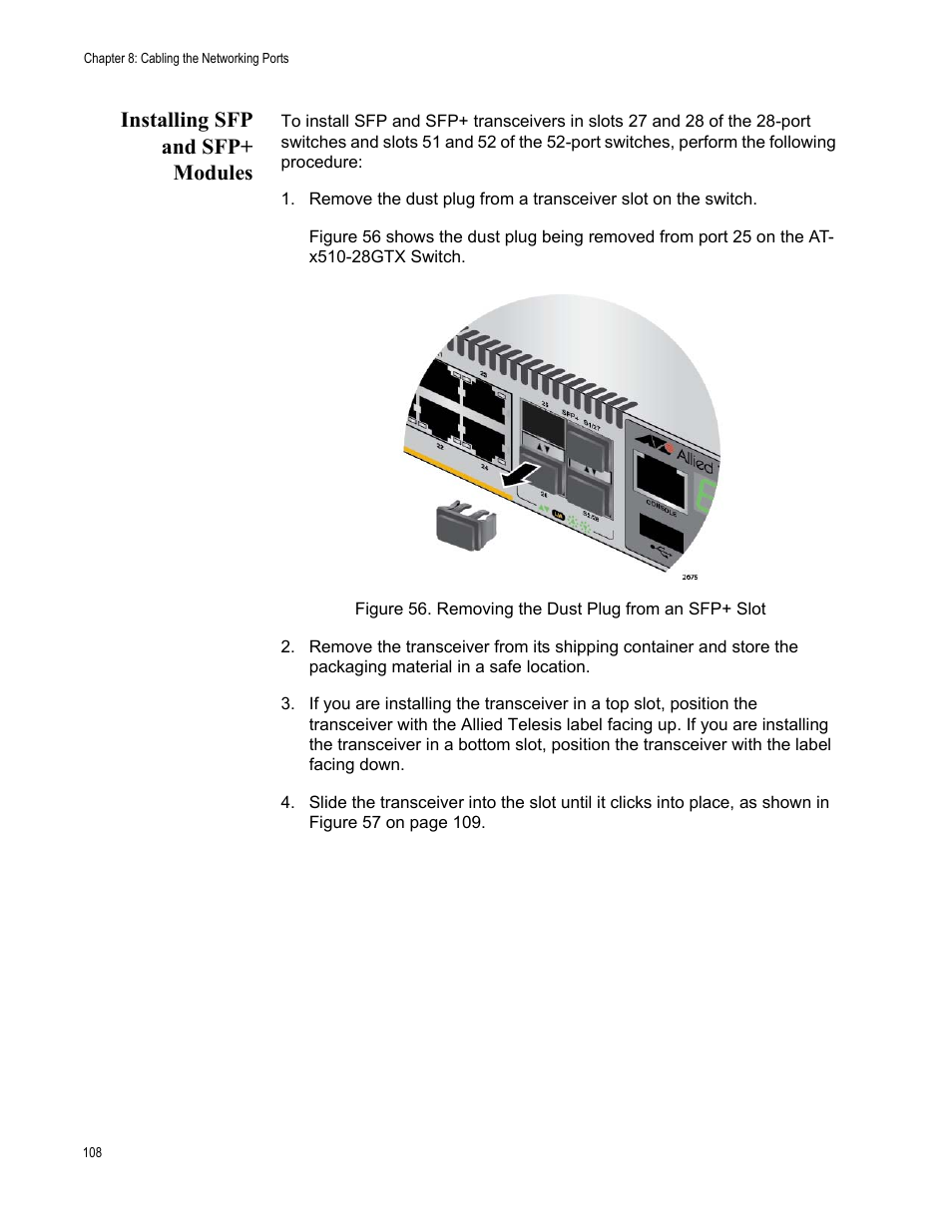 Installing sfp and sfp+ modules | Allied Telesis x510 Series User Manual | Page 108 / 122