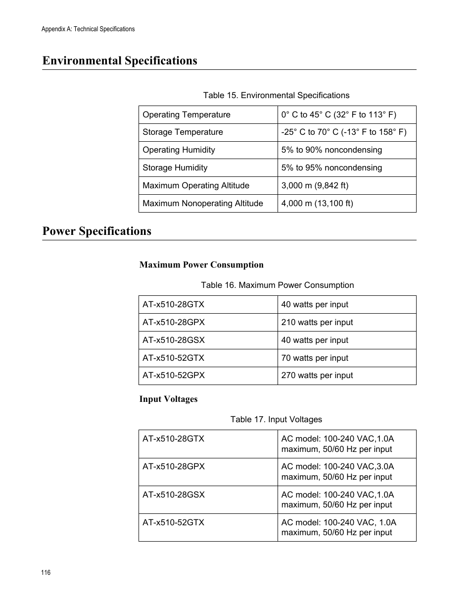 Environmental specifications, Power specifications, Environmental specifications power specifications | Allied Telesis x510 Series User Manual | Page 116 / 122