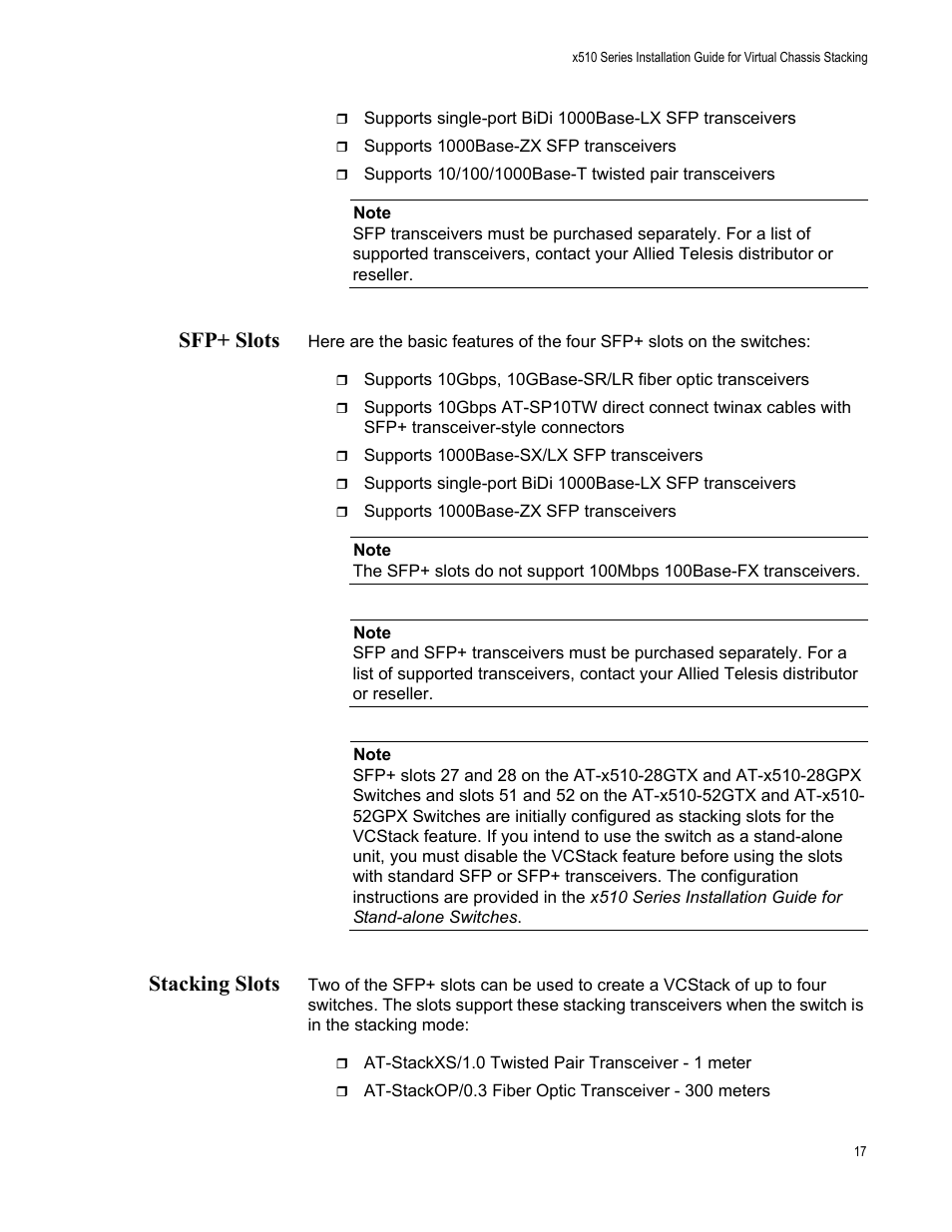 Sfp+ slots, Stacking slots, Sfp+ slots stacking slots | Allied Telesis x510 Series User Manual | Page 17 / 122