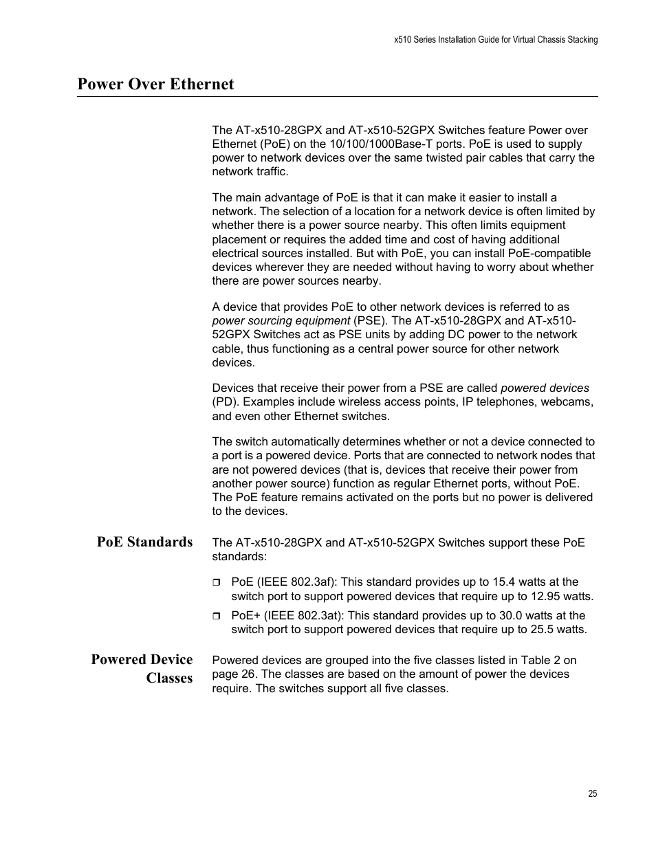 Power over ethernet, Poe standards, Powered device classes | Poe standards powered device classes | Allied Telesis x510 Series User Manual | Page 25 / 122