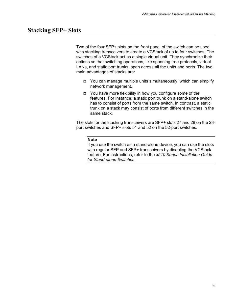 Stacking sfp+ slots | Allied Telesis x510 Series User Manual | Page 31 / 122