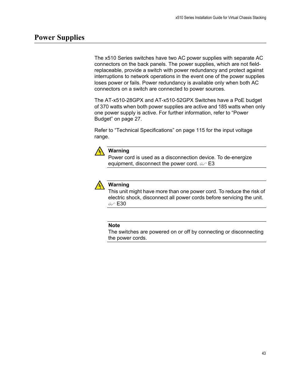 Power supplies | Allied Telesis x510 Series User Manual | Page 43 / 122