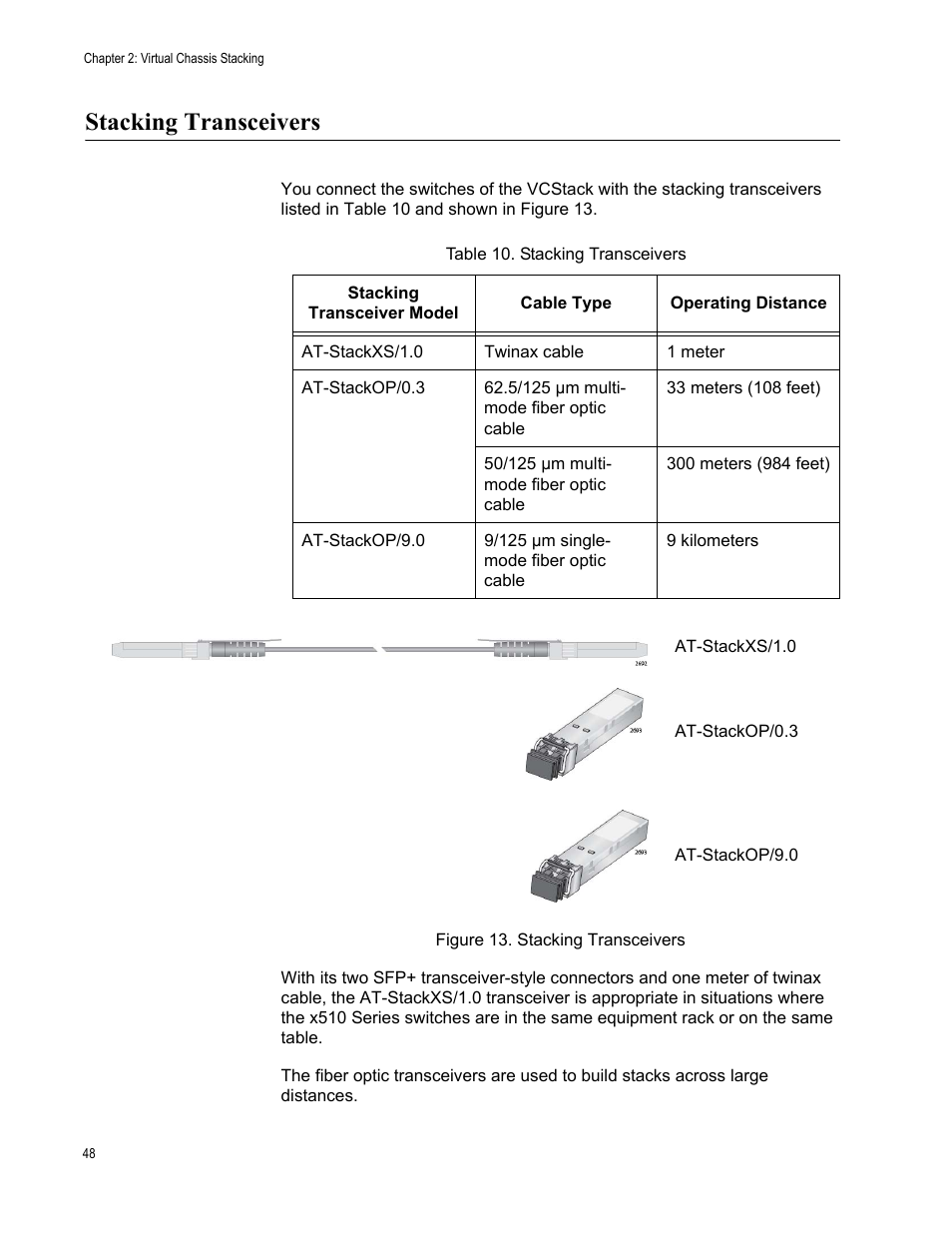 Stacking transceivers, Figure 13: stacking transceivers, Table 10: stacking transceivers | Allied Telesis x510 Series User Manual | Page 48 / 122