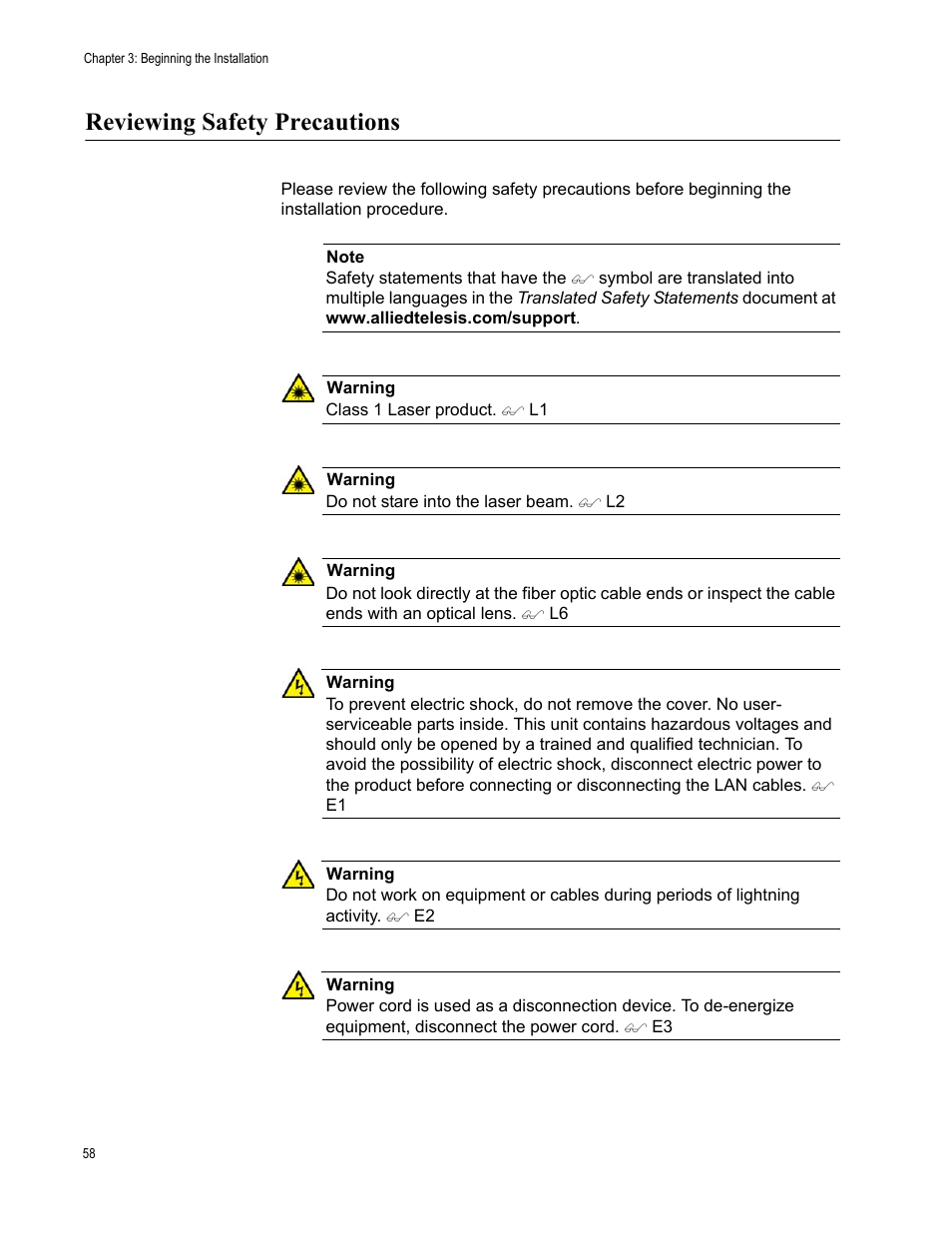 Reviewing safety precautions | Allied Telesis x510 Series User Manual | Page 58 / 122